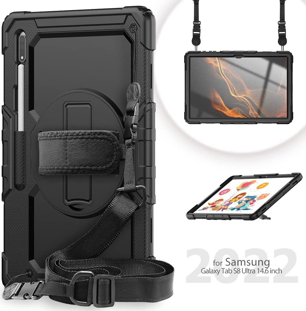 Samsung Galaxy Tab S8/S9/S10 Ultra Hoes met Screen Protector en Handriem Zwart afbeelding 4