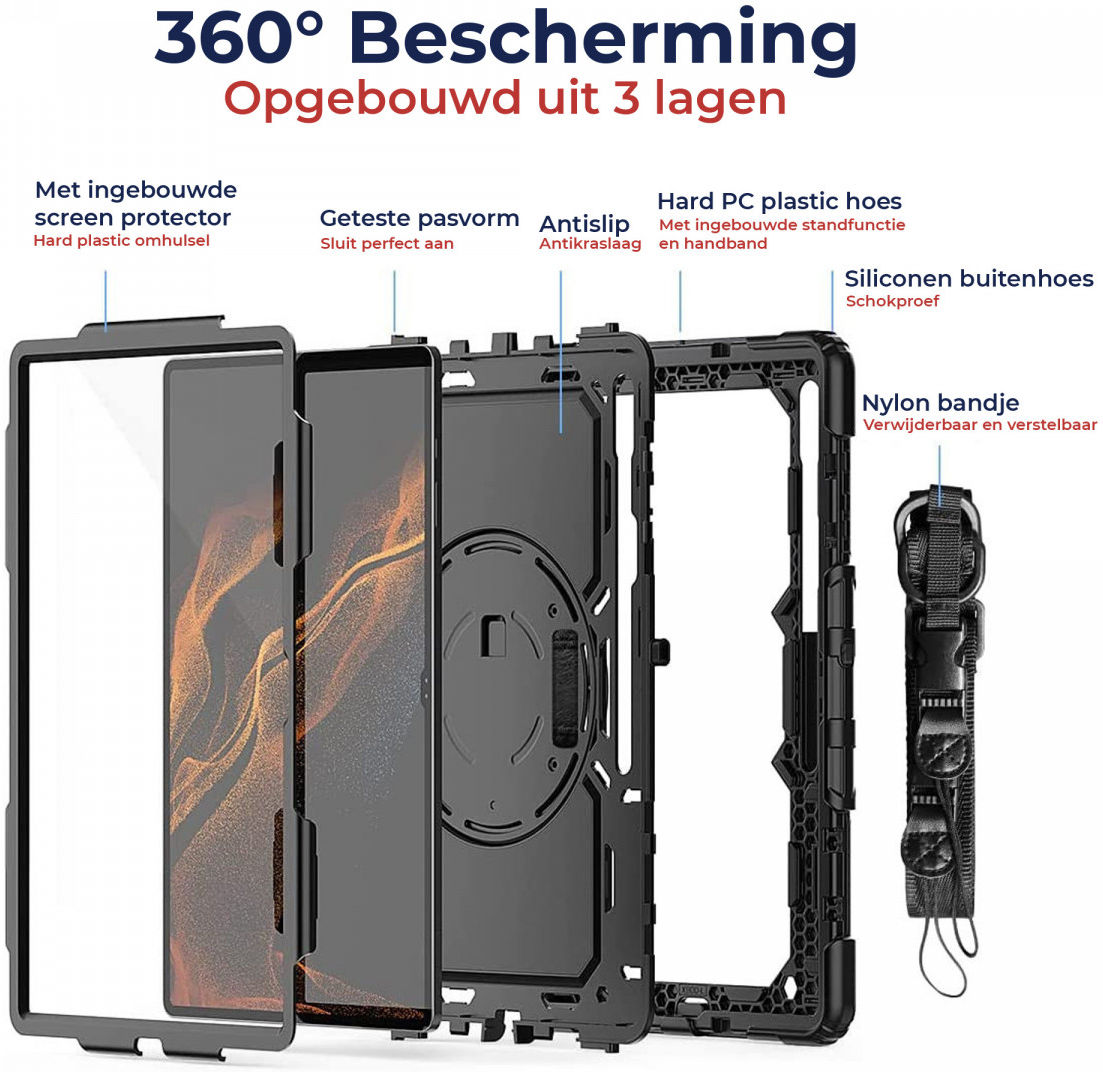 Samsung Galaxy Tab S8/S9/S10 Ultra Hoes met Screen Protector en Handriem Zwart afbeelding 2