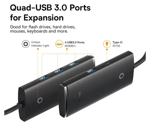 Baseus 5-in-1 USB-C Adapter USB-A 25 Centimeter Kabel Zwart afbeelding 10