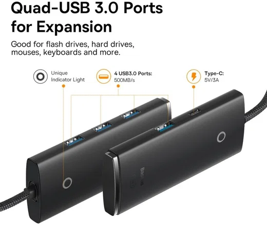Baseus 5-in1 USB-C Adapter USB-A 2 Meter Kabel Zwart afbeelding 4