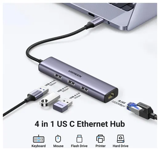 UGREEN USB-C 5-in-1 Hub Ingangen voor 3 USB-A, USB-C en Ethernet afbeelding 2