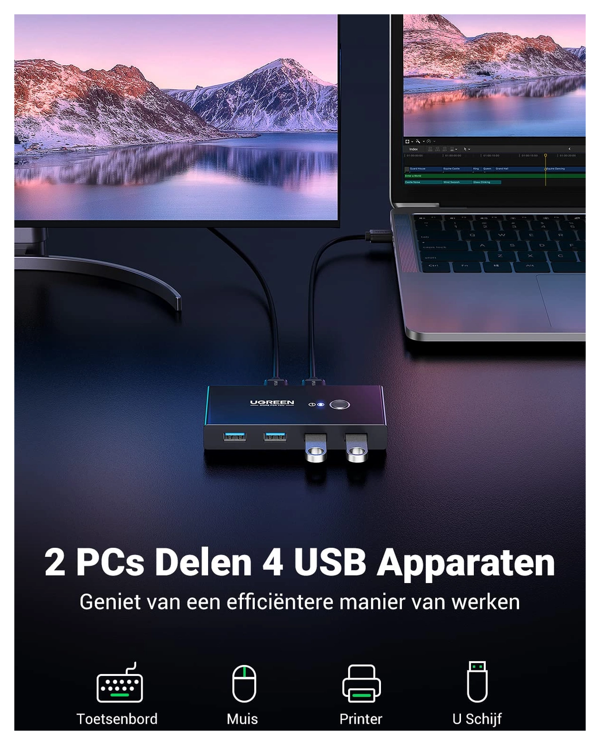 UGREEN Sharing Switch USB 3.0 Schakelaar met 4 USB Poorten Zwart afbeelding 2