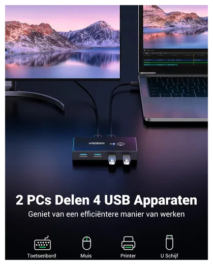 UGREEN Sharing Switch USB 3.0 Schakelaar met 4 USB Poorten Zwart afbeelding 2