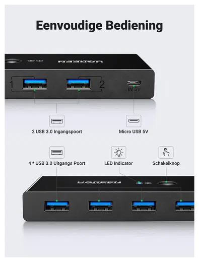 UGREEN Sharing Switch USB 3.0 Schakelaar met 4 USB Poorten Zwart afbeelding 4