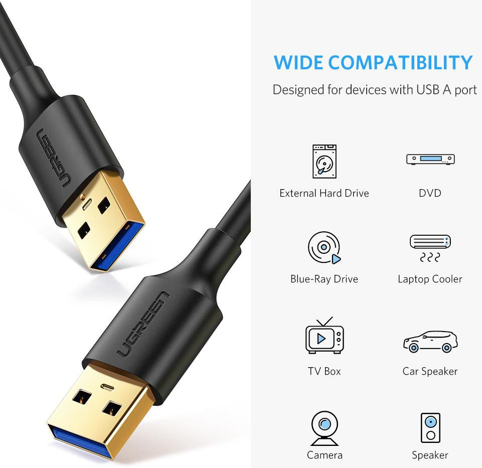 UGREEN USB-A naar USB-A SuperSpeed Data Kabel USB 3.0 5Gbps 1M Zwart afbeelding 2