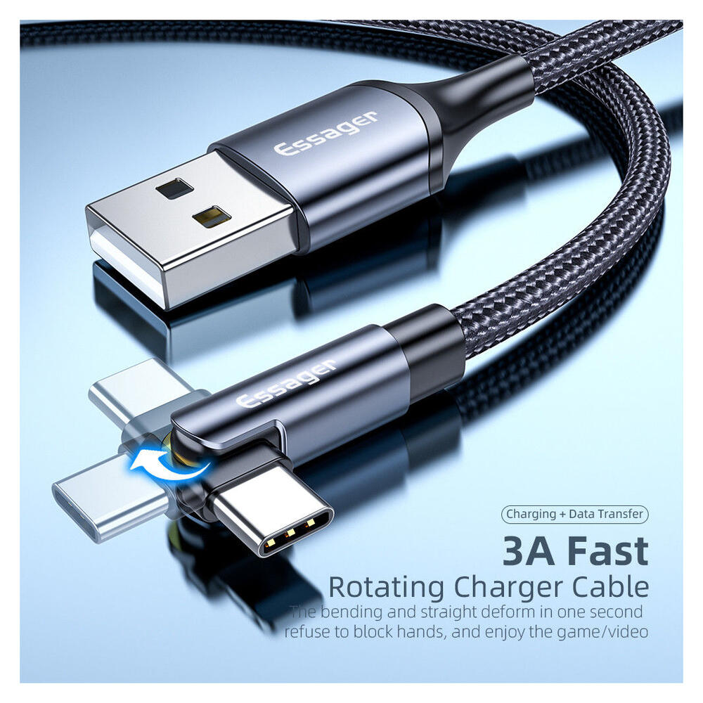 Essager 3A 180° Draaibare USB naar USB-C Kabel Fast Charge 1M Zwart afbeelding 3