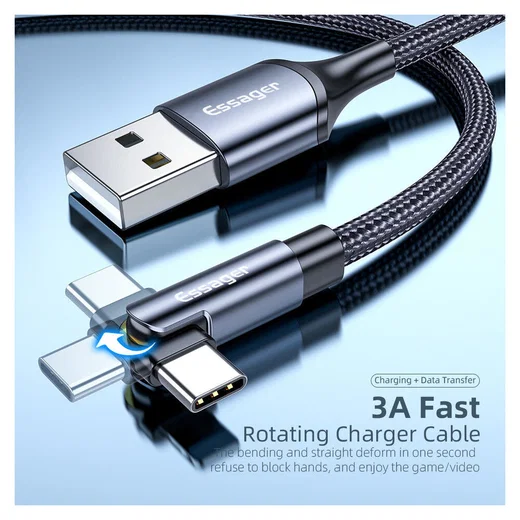 Essager 3A 180° Draaibare USB naar USB-C Kabel Fast Charge 1M Zwart afbeelding 3
