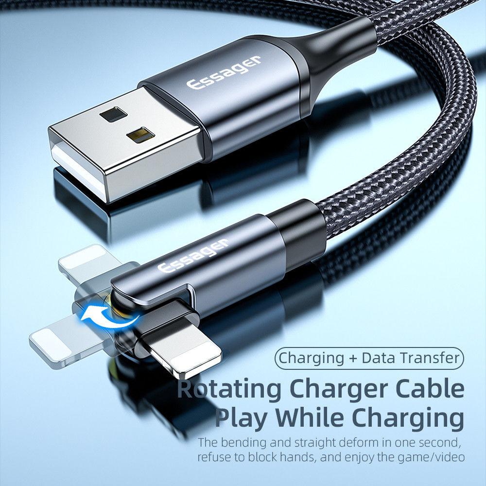 Essager 3A 180° Draaibare USB naar Lightning Oplaad Kabel 1M Zwart afbeelding 5