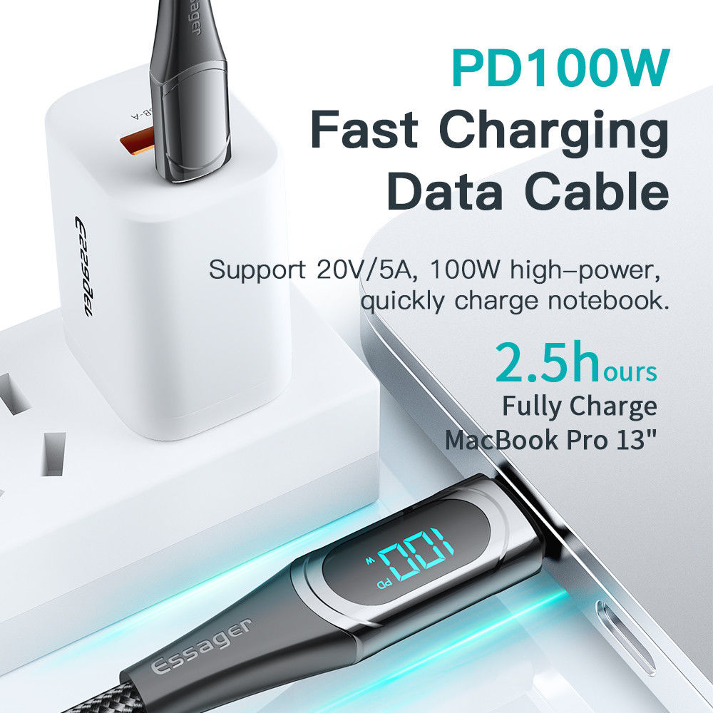 Essager 100W USB-C Snellaad Kabel met Digitale Display 5A 1M Zwart afbeelding 3