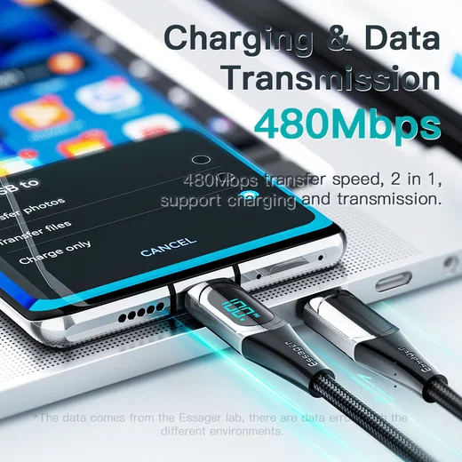 Essager 100W USB-C Snellaad Kabel met Digitale Display 5A 1M Zwart afbeelding 4