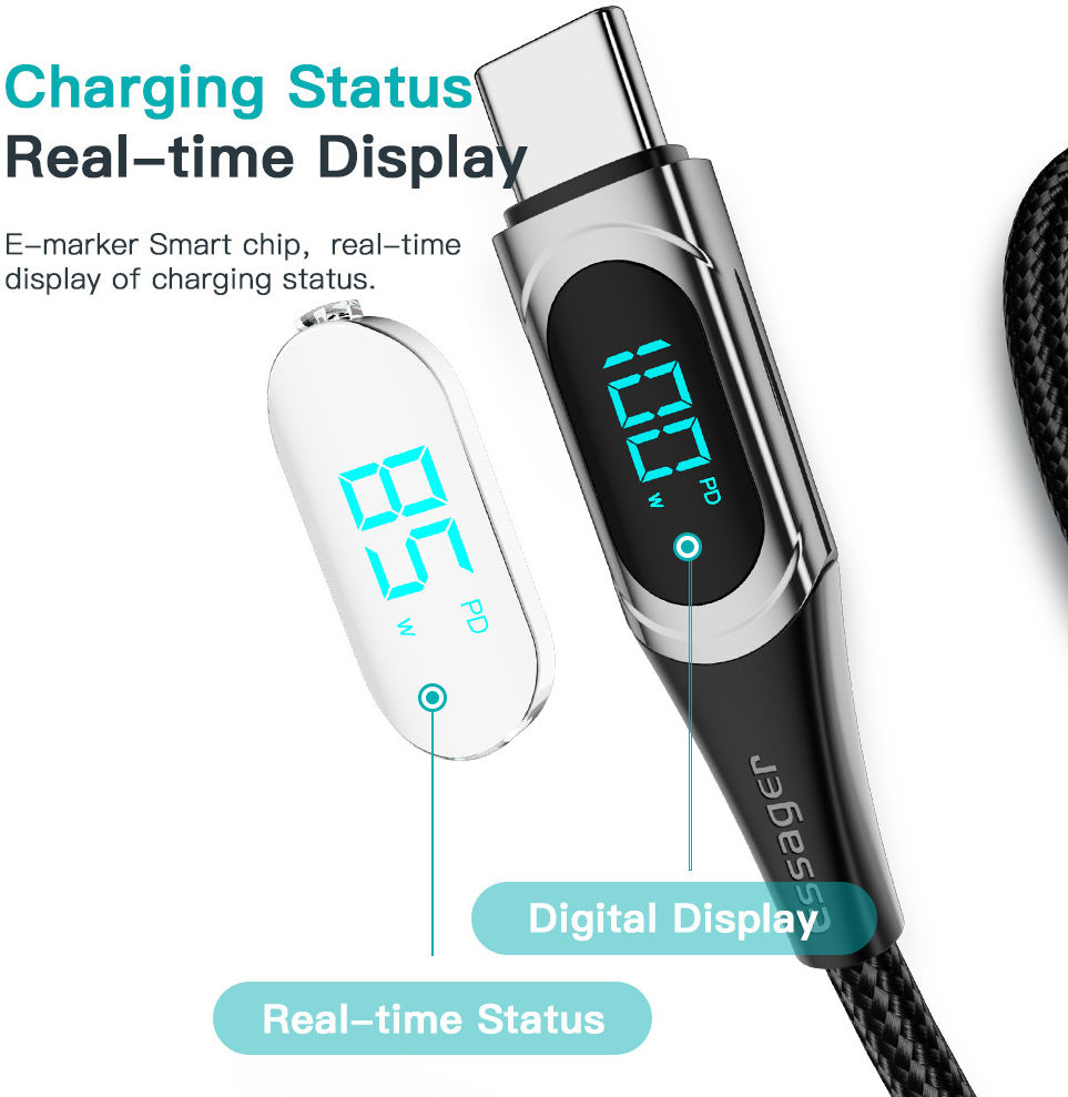 Essager 100W USB-C Snellaad Kabel met Digitale Display 5A 1M Zwart afbeelding 6