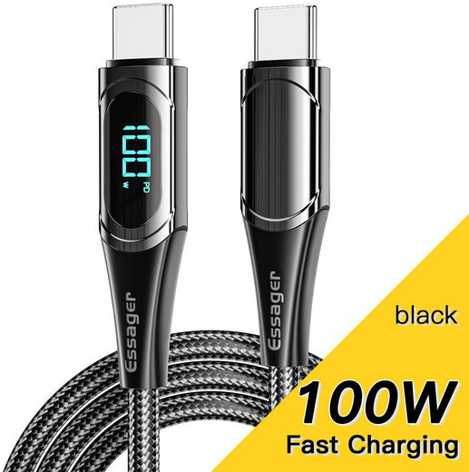 Essager 100W USB-C Snellaad Kabel met Digitale Display 5A 2M Zwart afbeelding 2