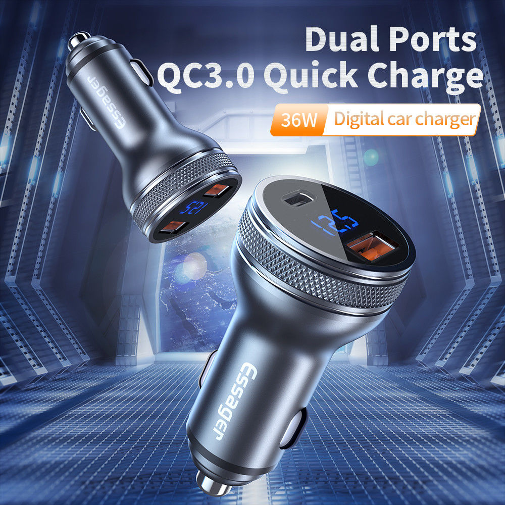 Essager USB/USB-C Auto Snellader 36W met QC 3.0 en PD 3.0 Zwart afbeelding 9