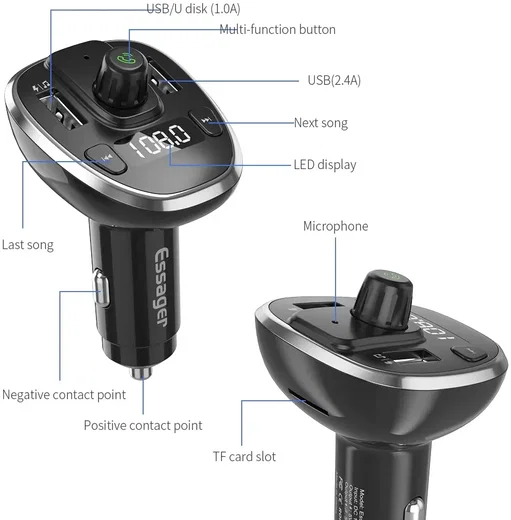 Essager Bluetooth 5.0 Muziek Transmitter met USB Autolader 17W Zilver afbeelding 6