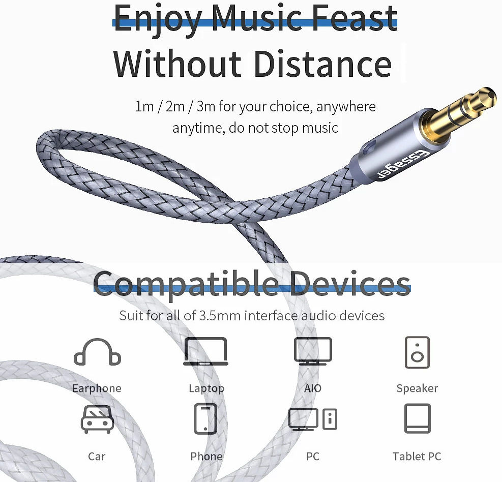 Essager 3.5mm Male naar 3.5mm Female AUX Verlengkabel Gevlochten 2M afbeelding 7