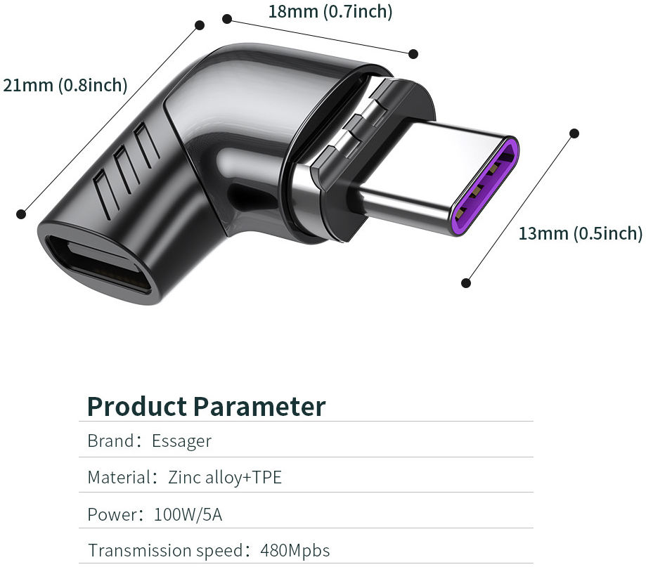 Essager 100W USB-C naar USB-C Adapter met Haakse Hoek 5A Zwart afbeelding 13