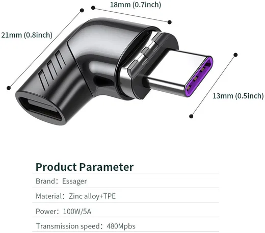 Essager 100W USB-C naar USB-C Adapter met Haakse Hoek 5A Zwart afbeelding 13