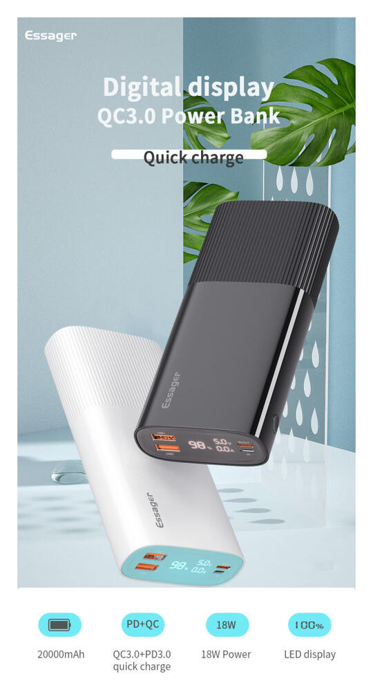 Essager Powerbank 20.000 mAh PD en QC 18W met Digitale Display Zwart afbeelding 9