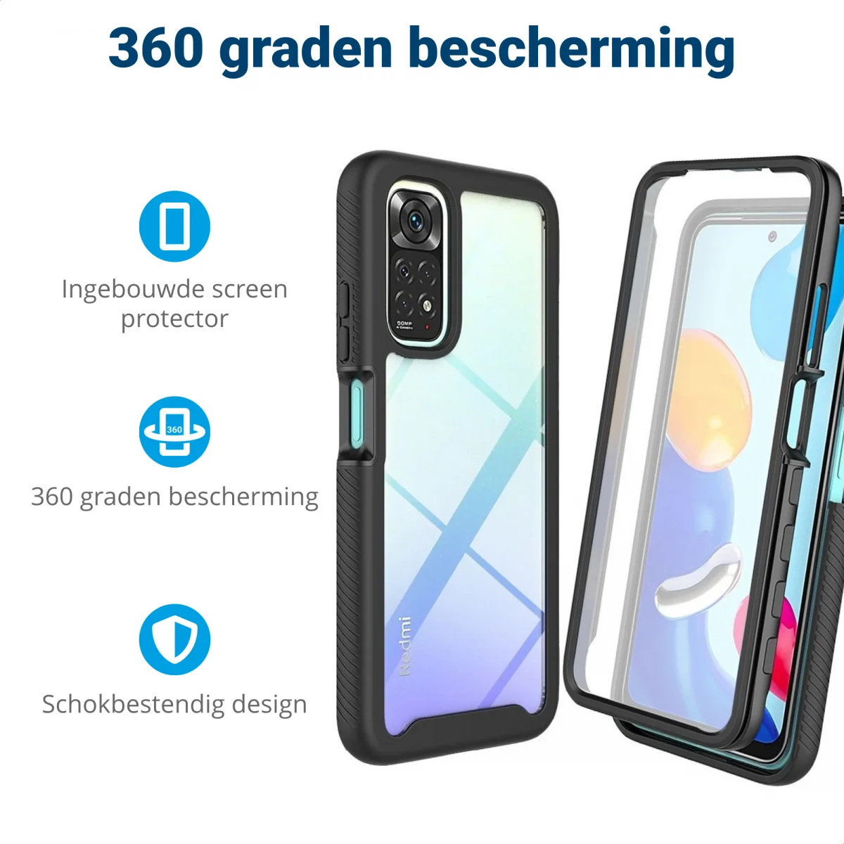 Xiaomi Redmi Note 11/11S Hoesje Full Protect 360° Cover Hybride Zwart afbeelding 2