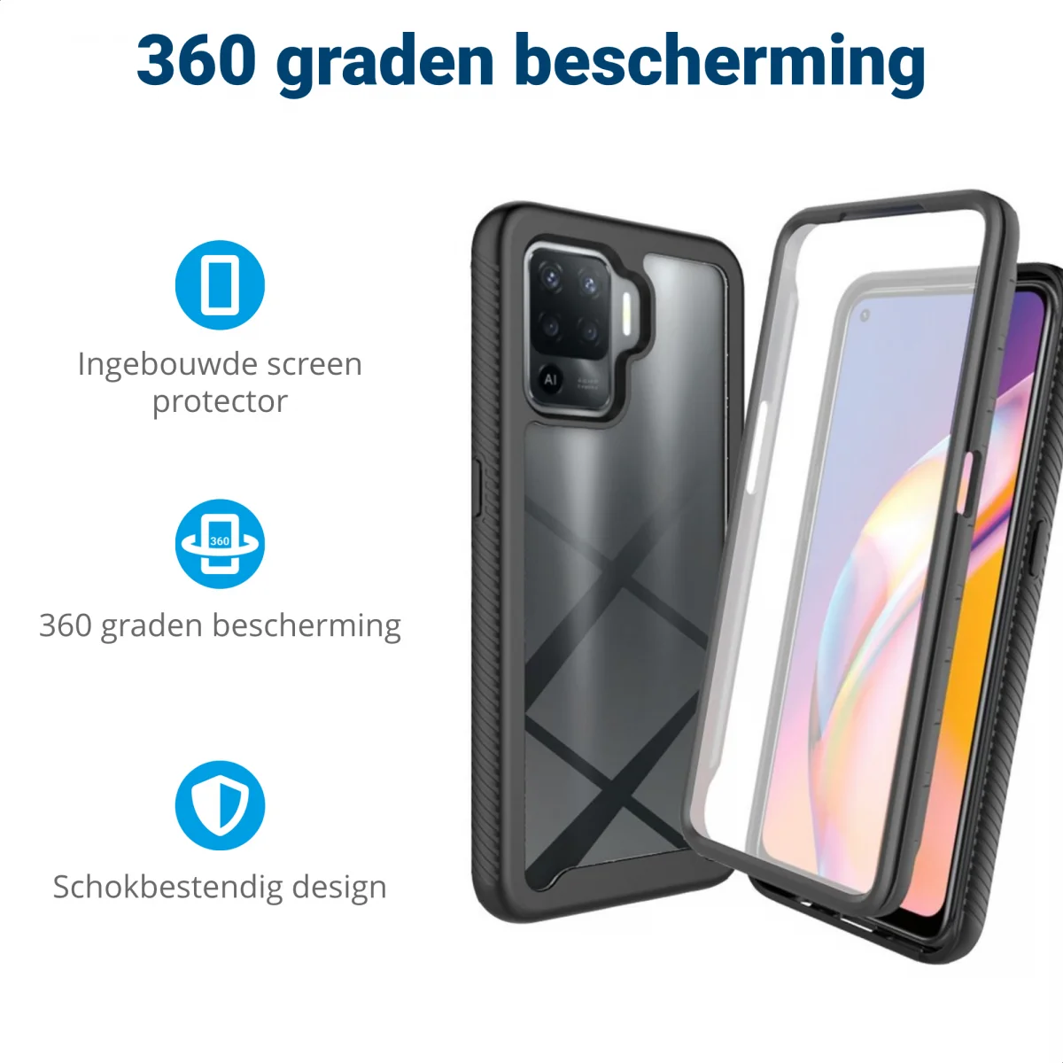 Oppo Reno5 Lite Hoesje Full Protect 360° Cover Hybride Zwart afbeelding 2
