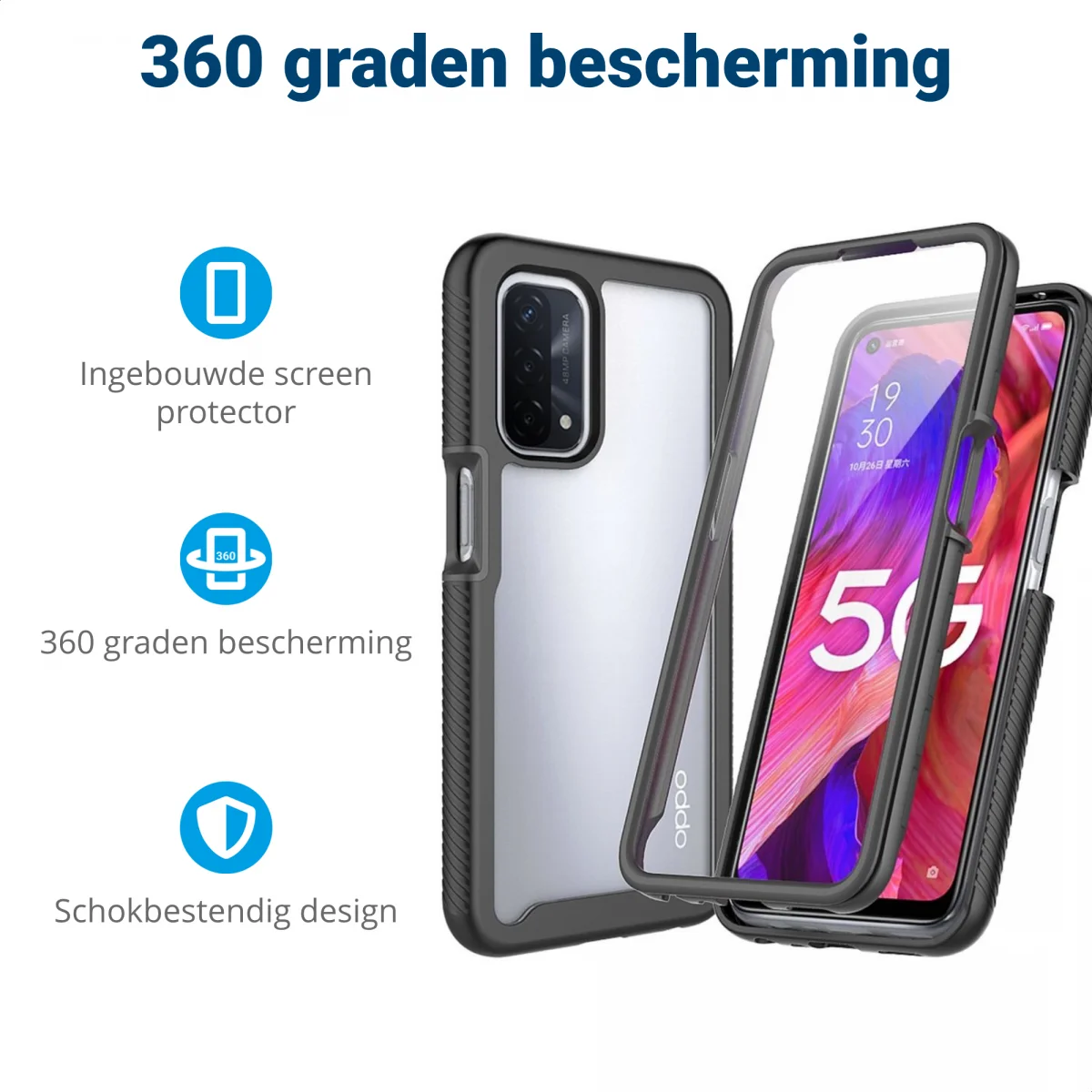 Oppo A54 5G/A74 5G Hoesje Full Protect 360° Cover Hybride Zwart afbeelding 2