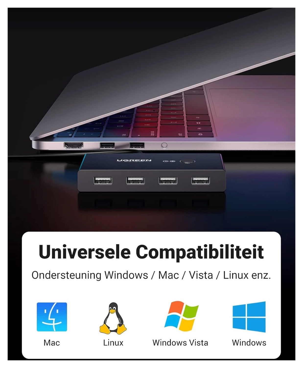 UGREEN Sharing Switch USB 2.0 Schakelaar met 4 USB Poorten Zwart afbeelding 5