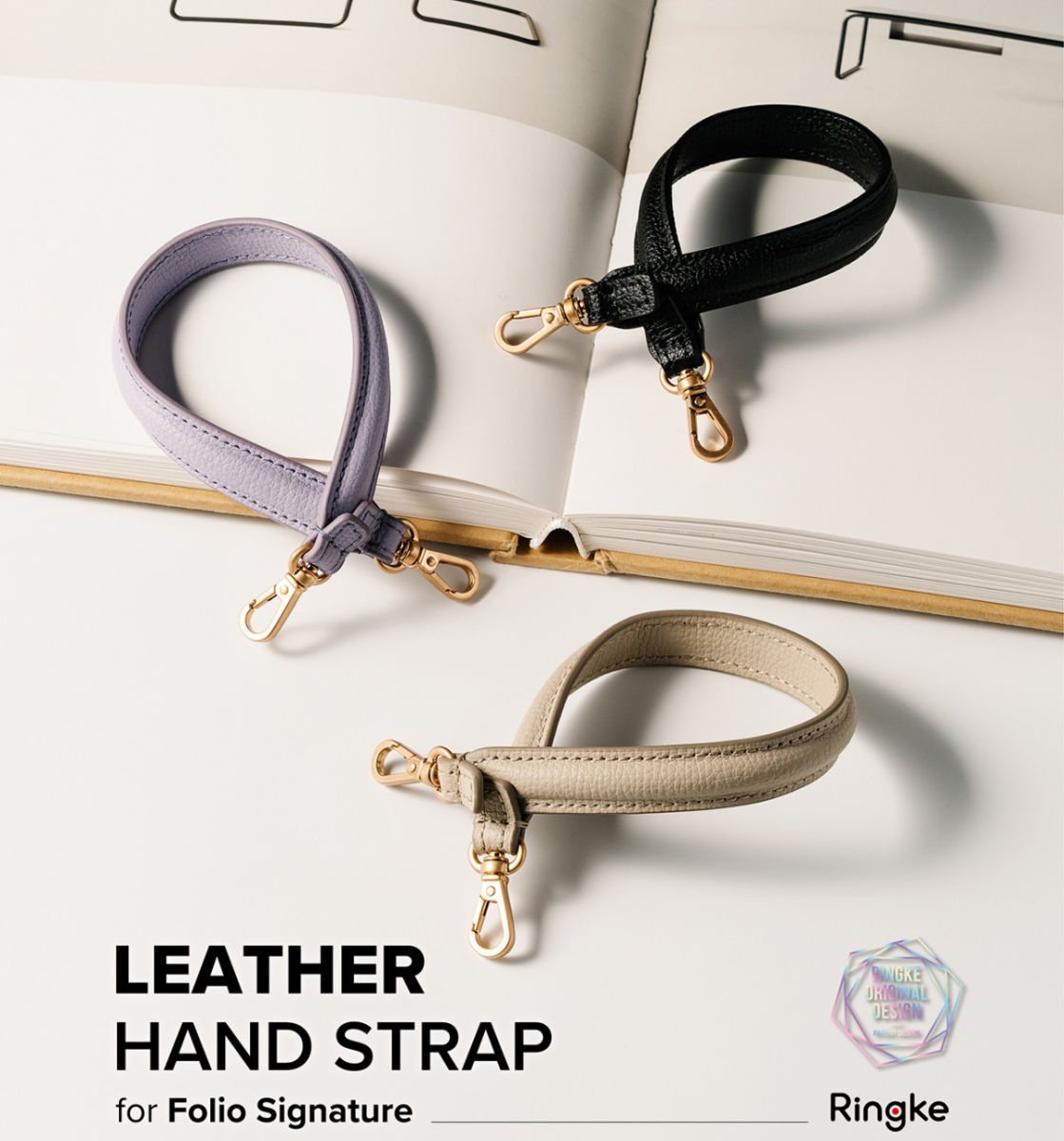 Ringke Folio Signature Leather Hand Strap Lederen Telefoonkoord Beige afbeelding 3