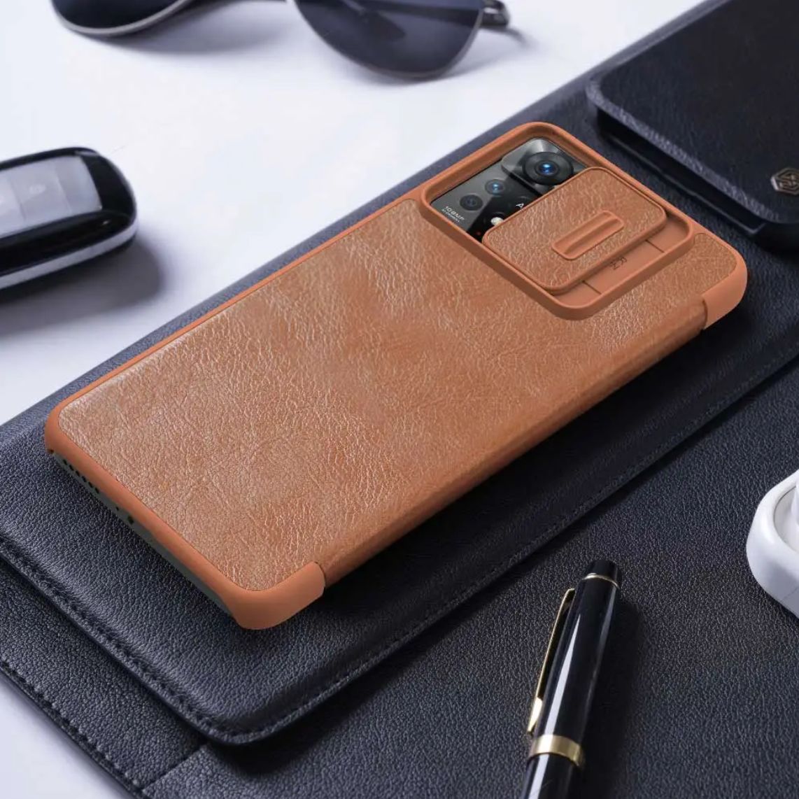 Nillkin Qin Pro Xiaomi Redmi Note 11 Pro Hoesje Camera Slider Bruin afbeelding 6