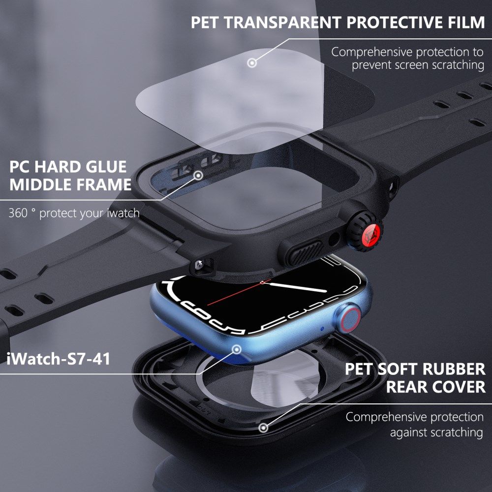 Apple Watch 7/8/9 41MM Hoesje - Full Protect Case + Siliconen Bandje - Zwart afbeelding 3