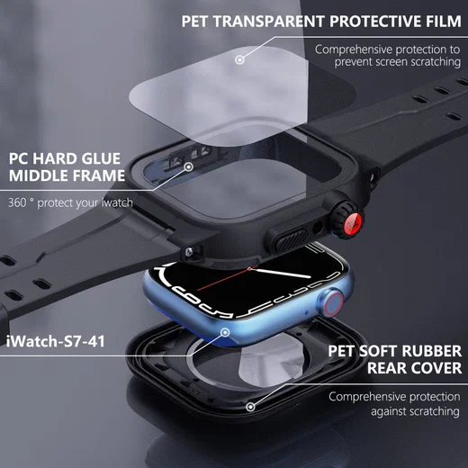 Apple Watch 7/8/9 41MM Hoesje - Full Protect Case + Siliconen Bandje - Zwart afbeelding 3