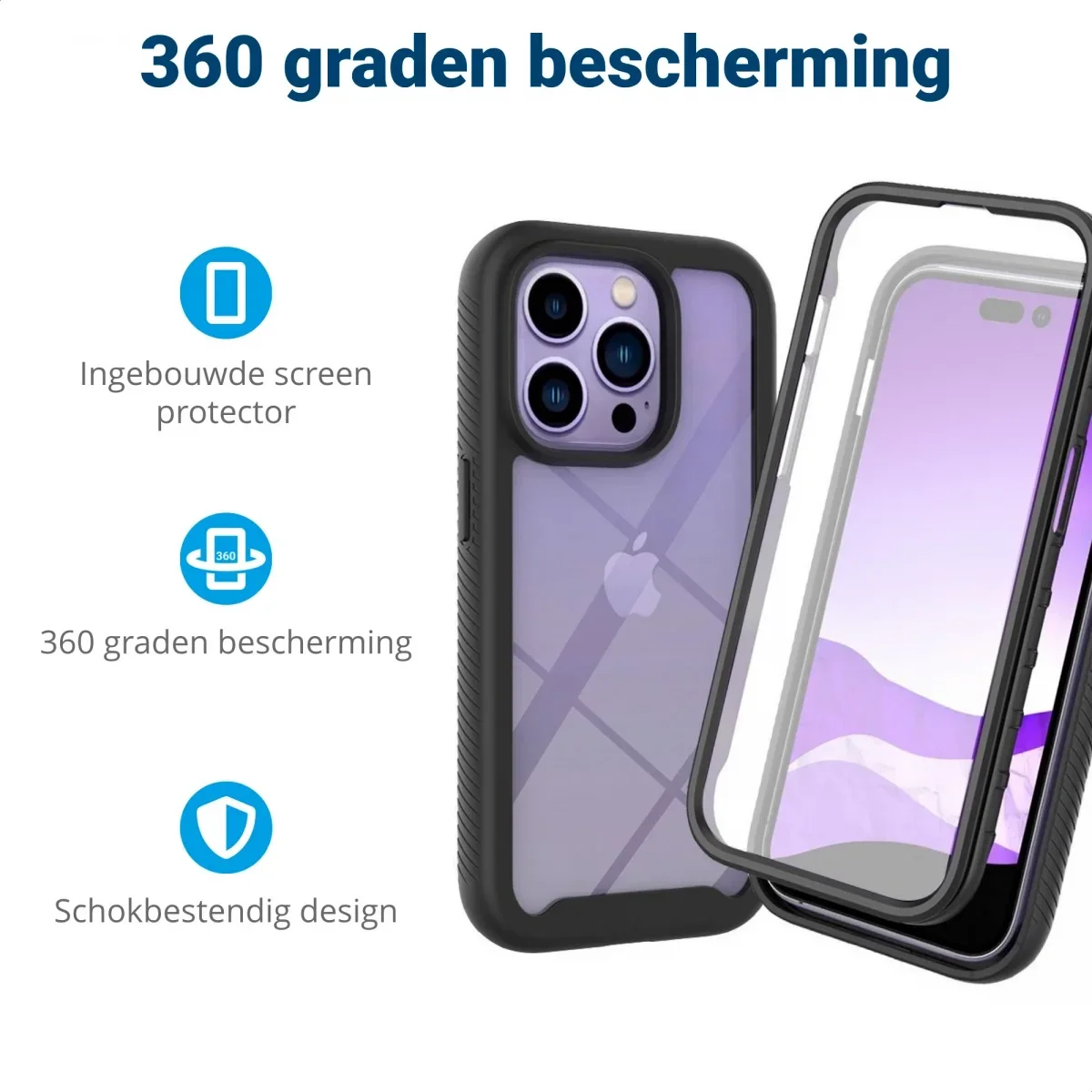 Apple iPhone 14 Pro Hoesje Full Protect 360° Cover Hybride Zwart afbeelding 2