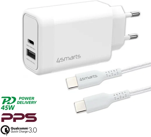 4smarts VoltPlug 45W GaN USB/USB-C Snellader met USB-C Kabel 1.8M Wit afbeelding 3