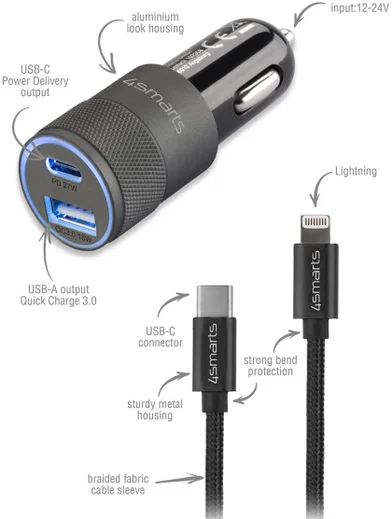 4smarts 27W Fast Charge Autolader met USB-C naar Lightning Kabel 1M afbeelding 4