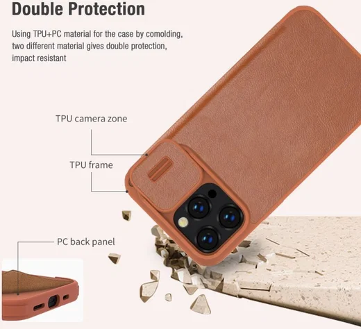 Nillkin Qin Pro iPhone 14 Pro Max Hoesje Book Case Camera Slider Bruin afbeelding 4