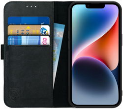 Rosso Deluxe Apple iPhone 14 Hoesje Echt Leer Book Case Zwart afbeelding