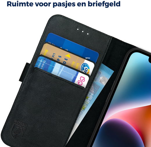 Rosso Deluxe Apple iPhone 14 Hoesje Echt Leer Book Case Zwart afbeelding 5