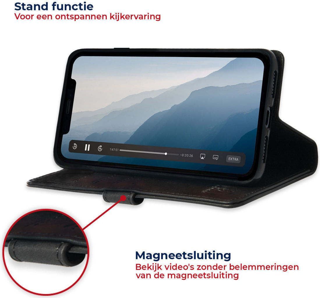 Rosso Deluxe Apple iPhone 14 Hoesje Echt Leer Book Case Zwart afbeelding 4