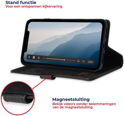 Rosso Deluxe Apple iPhone 14 Hoesje Echt Leer Book Case Zwart afbeelding 4