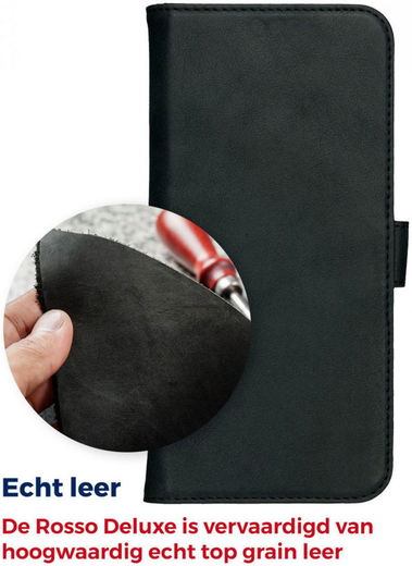 Rosso Deluxe Apple iPhone 14 Hoesje Echt Leer Book Case Zwart afbeelding 8