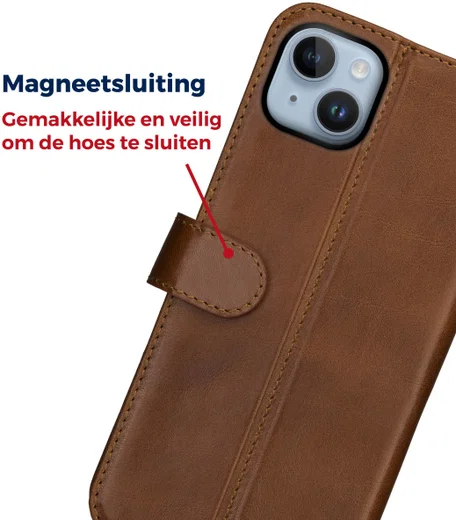 Rosso Deluxe Apple iPhone 14 Hoesje Echt Leer Book Case Bruin afbeelding 6