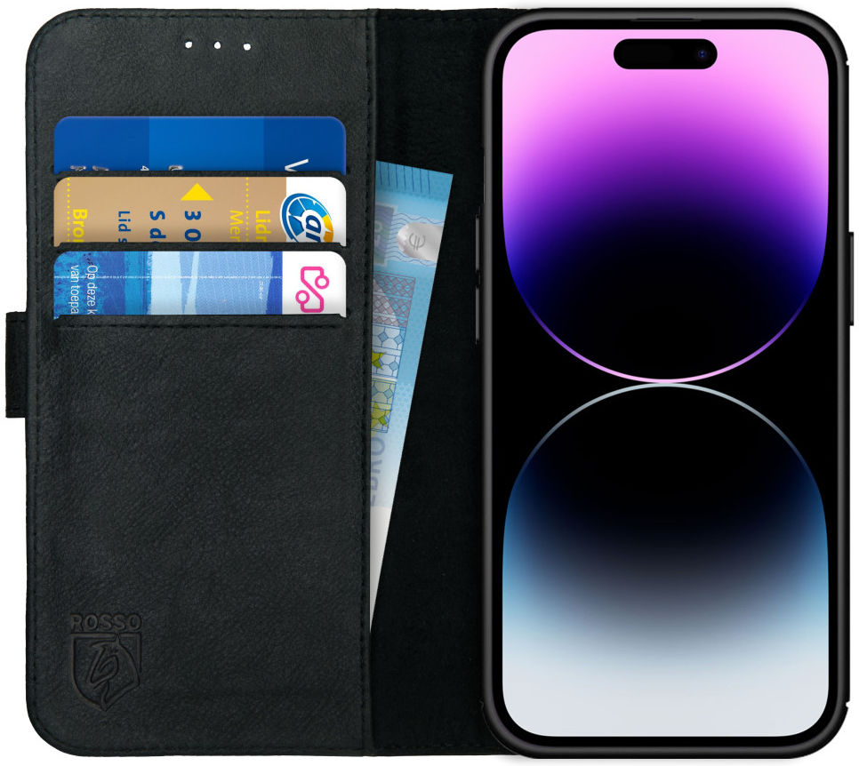 Rosso Deluxe Apple iPhone 14 Pro Hoesje Echt Leer Book Case Zwart afbeelding 1