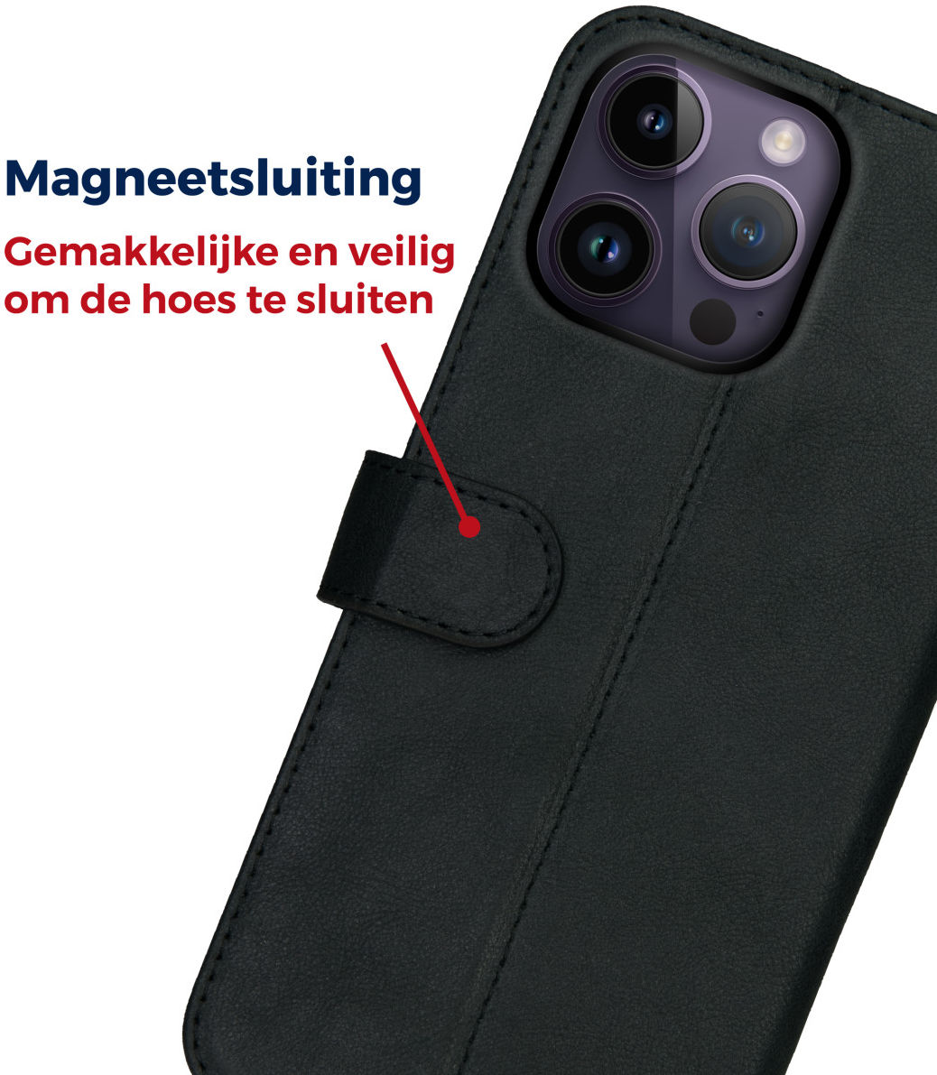 Rosso Deluxe Apple iPhone 14 Pro Hoesje Echt Leer Book Case Zwart afbeelding 7