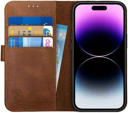Rosso Deluxe Apple iPhone 14 Pro Hoesje Echt Leer Book Case Bruin afbeelding 1
