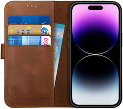 Rosso Deluxe Apple iPhone 14 Pro Hoesje Echt Leer Book Case Bruin afbeelding
