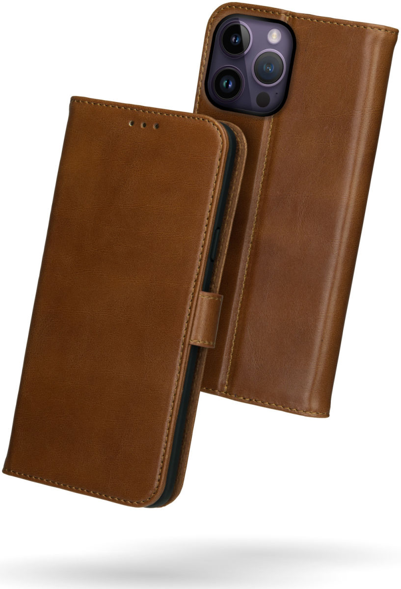 Rosso Deluxe Apple iPhone 14 Pro Hoesje Echt Leer Book Case Bruin afbeelding 2