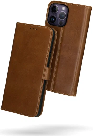 Rosso Deluxe Apple iPhone 14 Pro Hoesje Echt Leer Book Case Bruin afbeelding 2