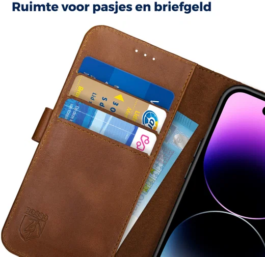 Rosso Deluxe Apple iPhone 14 Pro Hoesje Echt Leer Book Case Bruin afbeelding 5