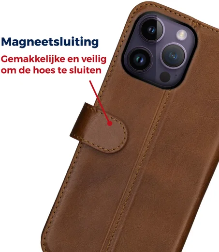 Rosso Deluxe Apple iPhone 14 Pro Hoesje Echt Leer Book Case Bruin afbeelding 7