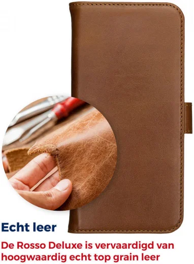 Rosso Deluxe Apple iPhone 14 Pro Hoesje Echt Leer Book Case Bruin afbeelding 9