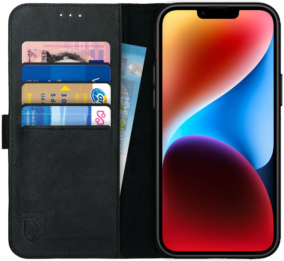 Rosso Deluxe Apple iPhone 14 Plus Hoesje Echt Leer Book Case Zwart afbeelding 1
